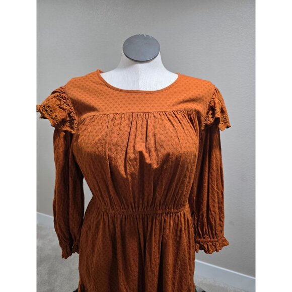 Rust Orange Long-Sleeve Textured Dress W/Eyelet Detailing & Elastic Waist By Uni - Picture 7 of 13